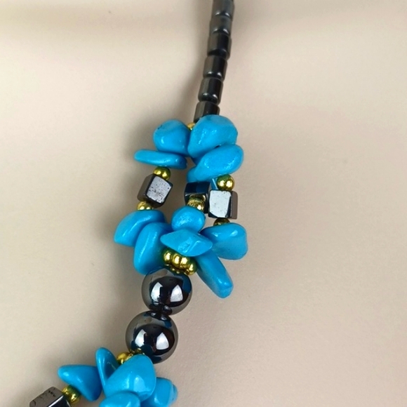 Beachy Boho Black Gold & Turquoise Blue Very Glass/Stone Like Beaded 3 Layer Ne… - Picture 4 of 10